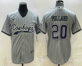 Mens Dallas Cowboys #20 Tony Pollard Grey Pinstripe With Patch Cool Base Stitched Baseball Jersey